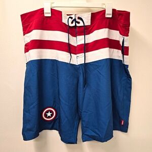 Disney Men's Captain America Board Shorts Size 2XL Blue Red White Striped